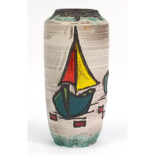 2165 - Large West German pottery vase, hand painted with sailing boats, 49cm high