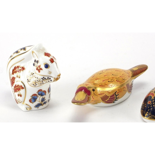 2276 - Three Royal Crown Derby paperweights, mouse, squirrel and platypus, two with gold coloured stoppers,... 