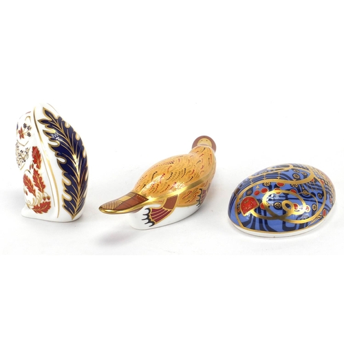 2276 - Three Royal Crown Derby paperweights, mouse, squirrel and platypus, two with gold coloured stoppers,... 