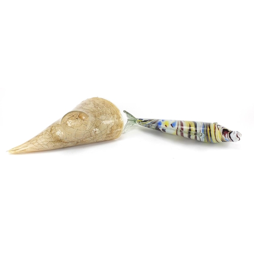 2175 - Large Murano colourful glass fish together with a stylish glass centrepiece, the largest 45cm in len... 