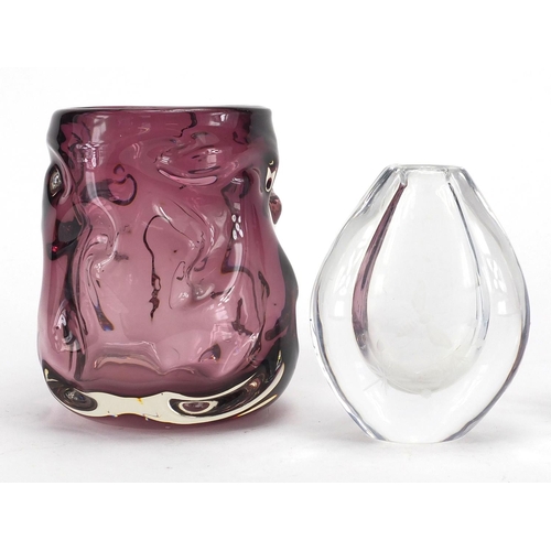 2235 - Three pieces of Art glassware including Whitefriars knobbly vase and Stromberg vase etched with flow... 