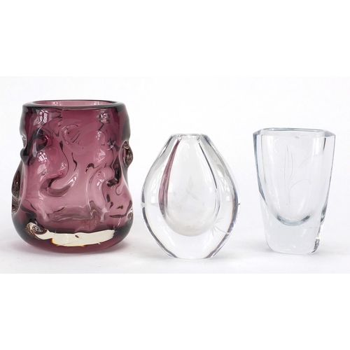 2235 - Three pieces of Art glassware including Whitefriars knobbly vase and Stromberg vase etched with flow... 