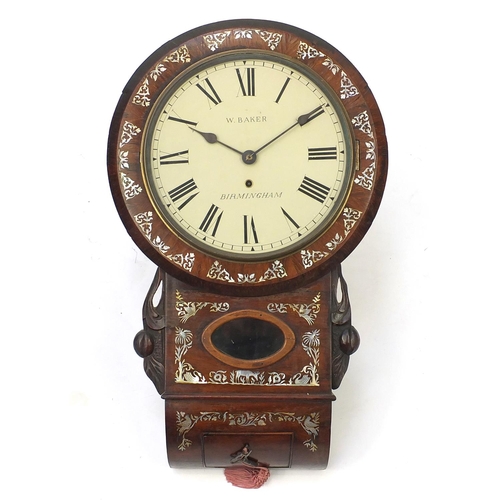 2045 - Early Victorian circular rosewood drop dial wall clock, inlaid with Mother of Pearl, the dial named ... 
