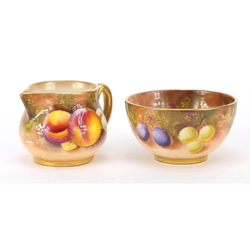 2303 - Miniature Royal Worcester jug and bowl, each hand painted with fruit, the jug 3.7cm high