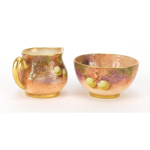 2303 - Miniature Royal Worcester jug and bowl, each hand painted with fruit, the jug 3.7cm high