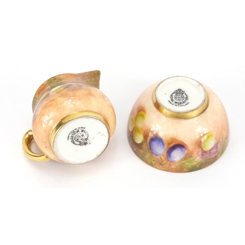 2303 - Miniature Royal Worcester jug and bowl, each hand painted with fruit, the jug 3.7cm high