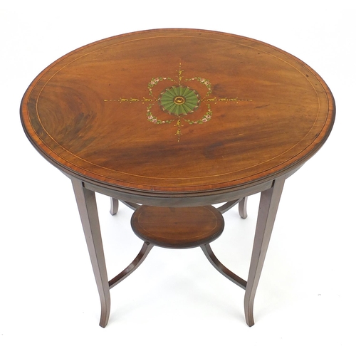 2014 - 19th century Sheraton Revival oval inlaid mahogany occasional table the top hand painted with flower... 