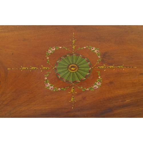 2014 - 19th century Sheraton Revival oval inlaid mahogany occasional table the top hand painted with flower... 