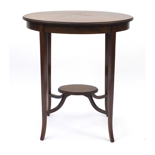 2014 - 19th century Sheraton Revival oval inlaid mahogany occasional table the top hand painted with flower... 