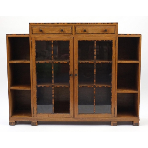 2004 - Art Deco banded walnut bookcase, fitted with a pair of glazed doors and open shelves, 100cm H x 125.... 