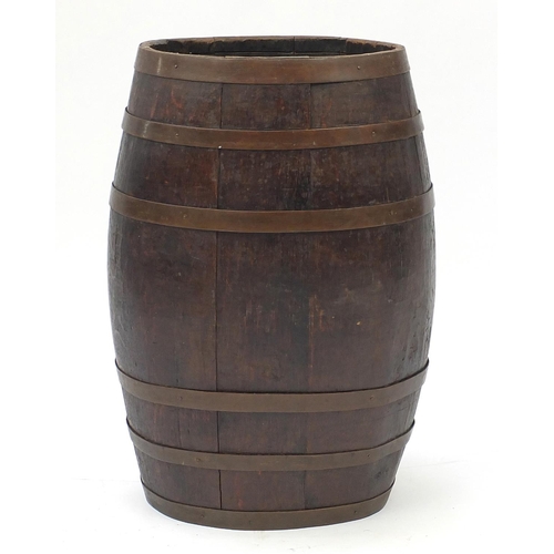 2044 - Metal bound oak barrel stick stand, 62cm high
