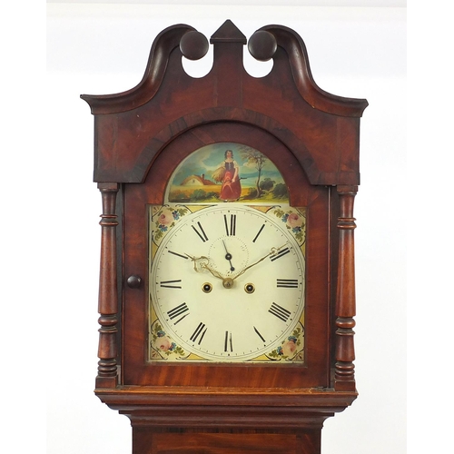 2003 - Antique inlaid oak longcase clock, the enamelled dial hand painted with a girl collecting wheat, 215... 