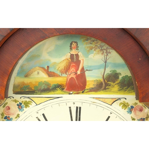 2003 - Antique inlaid oak longcase clock, the enamelled dial hand painted with a girl collecting wheat, 215... 