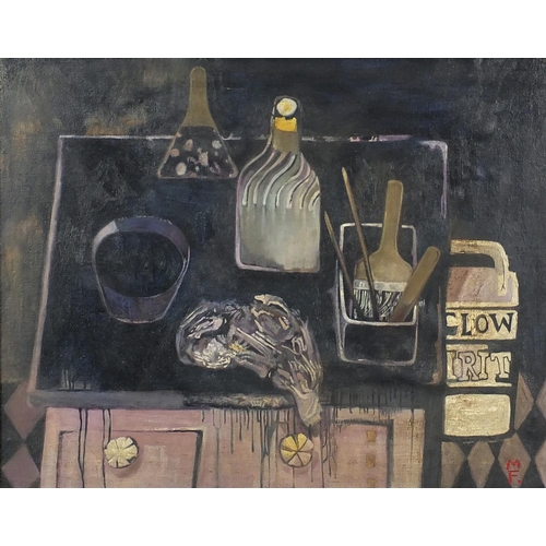 2060 - Still life items on a table, oil on canvas, bearing a monogram MF, mounted and framed, 49cm x 39cm