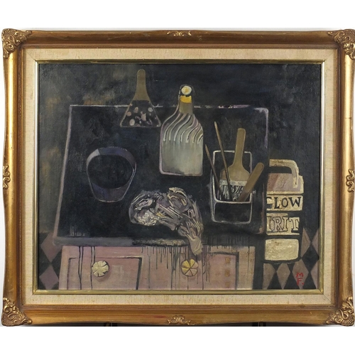 2060 - Still life items on a table, oil on canvas, bearing a monogram MF, mounted and framed, 49cm x 39cm