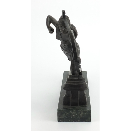 2139 - Bronze study of an Art Deco figure with a longbow, raised on a green marbleised base, with indistinc... 