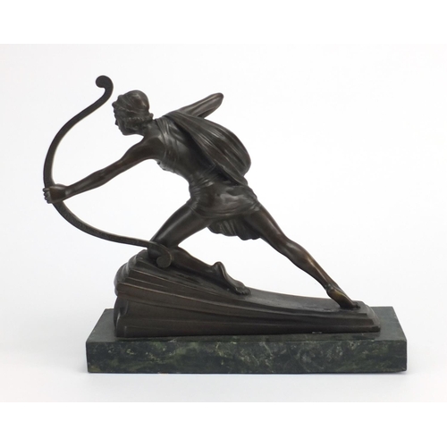 2139 - Bronze study of an Art Deco figure with a longbow, raised on a green marbleised base, with indistinc... 