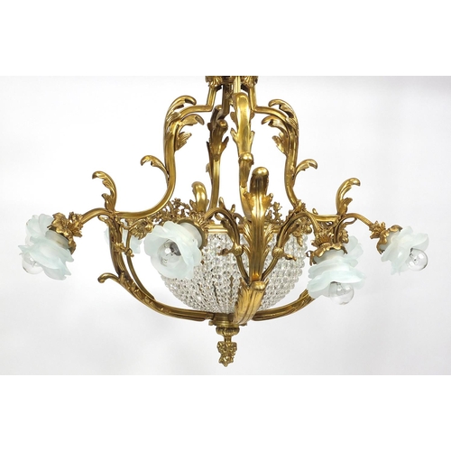 2149 - Ornate gilt brass eight branch chandelier with frosted glass shades, 75cm high (OPTION)