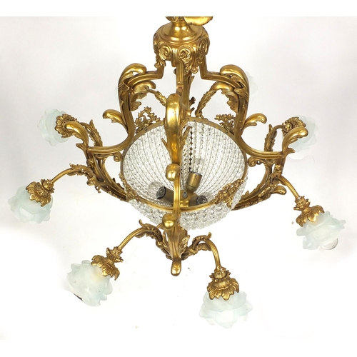 2149 - Ornate gilt brass eight branch chandelier with frosted glass shades, 75cm high (OPTION)