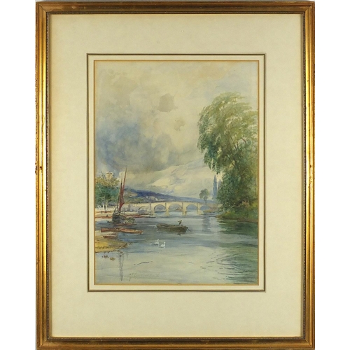 2157 - Charles James Lauder RSW - Moored boats before a bridge, watercolour, inscribed verso, mounted and f... 