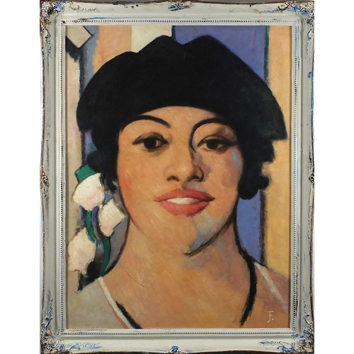 2158 - After John Duncan Fergusson - Portrait of a female, oil on board, inscribed verso, framed, 100cm x 7... 