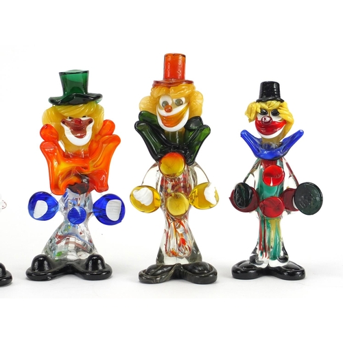 2168 - Six Murano colourful glass clowns, the largest 25cm high