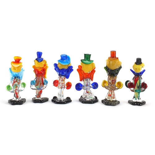 2168 - Six Murano colourful glass clowns, the largest 25cm high