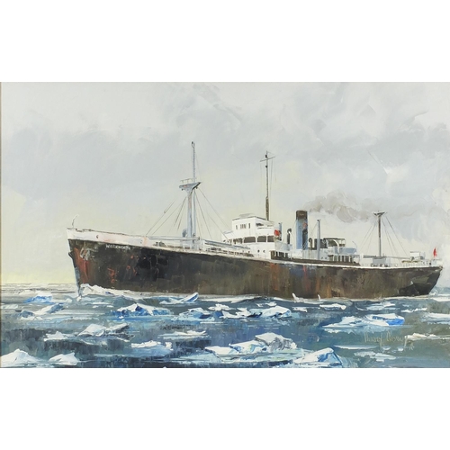 2186 - Harley Crossley - Warkworth cargo ship, oil on board, mounted and framed, 74cm x 399cm