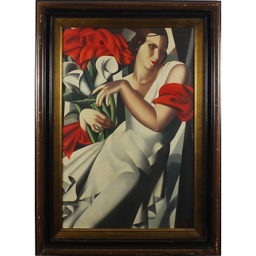 2259 - Manner of Tamara de Lempicka - Portrait of an Art Deco female holding flowers, oil on board, mounted... 