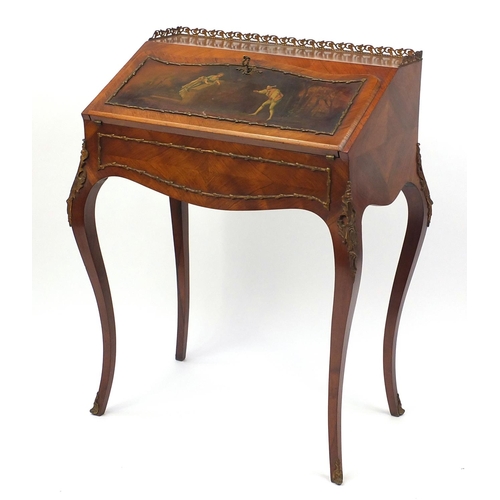 2002 - Louis XV style Kingwood bureau De Dame, the fall hand painted with a scene of blind man's buff, encl... 