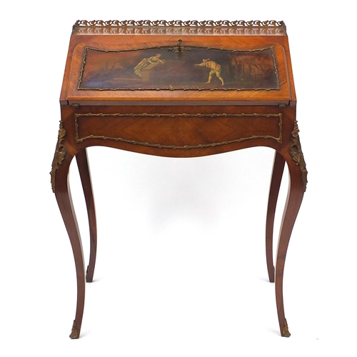 2002 - Louis XV style Kingwood bureau De Dame, the fall hand painted with a scene of blind man's buff, encl... 