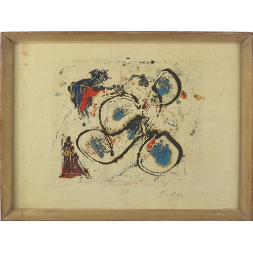 2307 - Abstract composition, oil on paper, bearing a signature Filly, framed, 40cm x 29.5cm