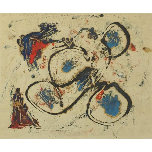 2307 - Abstract composition, oil on paper, bearing a signature Filly, framed, 40cm x 29.5cm