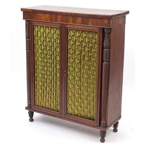 2008 - George IV mahogany chiffonier of small proportions, fitted with a pair of silk lined doors with gilt... 