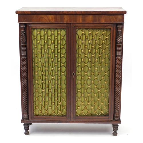 2008 - George IV mahogany chiffonier of small proportions, fitted with a pair of silk lined doors with gilt... 
