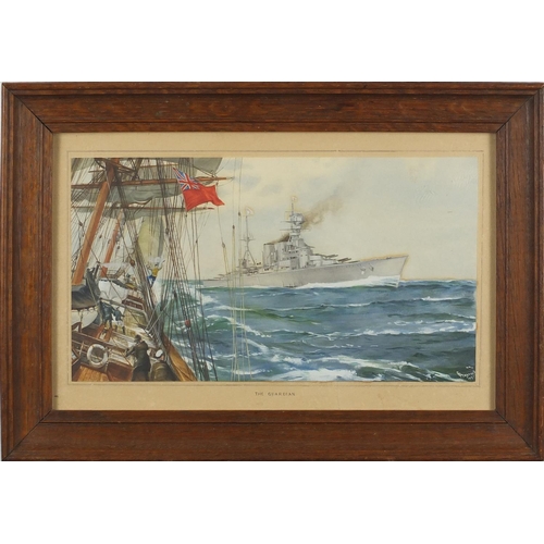 2308 - F D Maynard 1937 - The Guardian, Maritime heightened watercolour on card, mounted and framed 30.5cm ... 