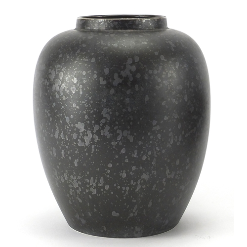 2224 - Poole black glazed vase together with a leaf shaped pottery dish, the largest 41.5cm wide