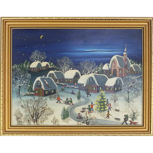 248 - Kowalski - Snowy village scene, oil on canvas, inscribed verso, framed, 39cm x 29cm