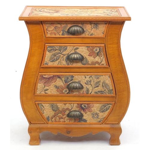 114 - Light wood four drawer bedside chest, decorated with floral fabric, 61cm H x 50cm W x 32cm D