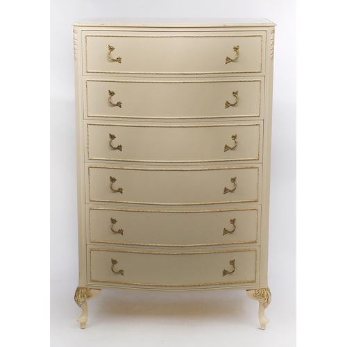 130 - Cream and gilt six drawer chest with serpentine front, 124cm H x 77cm W x 47cm D