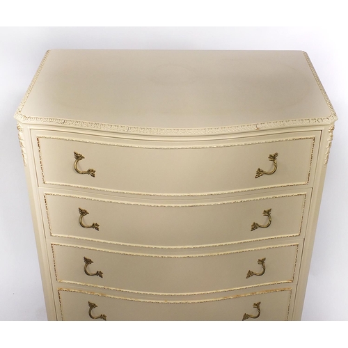 130 - Cream and gilt six drawer chest with serpentine front, 124cm H x 77cm W x 47cm D