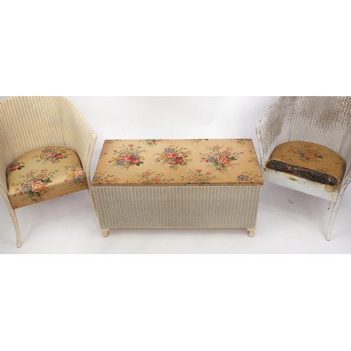 158 - Two Lloyd Loom tub chairs and a blanket box