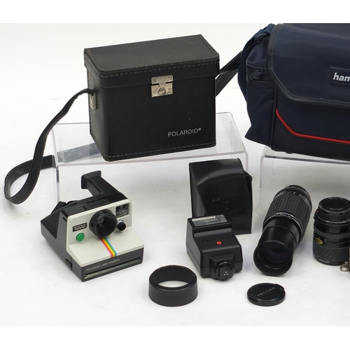 217 - Vintage Pentax ME Super camera with lenses and accessories together with a polaroid camera