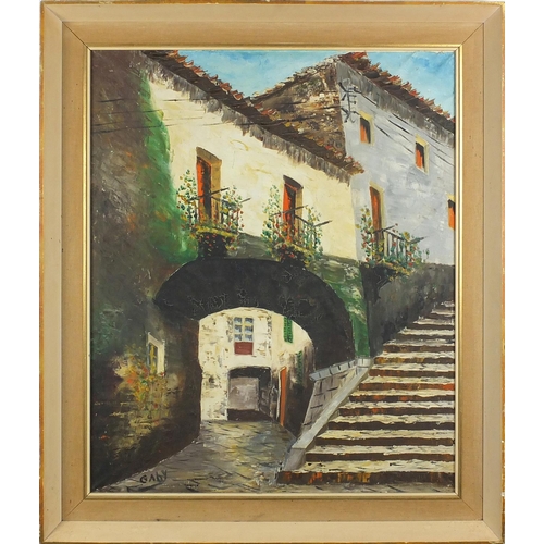 102 - Archway with stairs, continental school, oil onto canvas, bearing a signature Gaby, framed, 63cm x 5... 