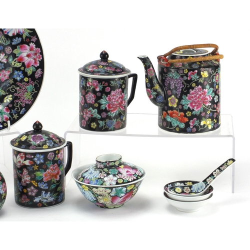 240 - Chinese famille noir porcelain including teapot and tea bowls