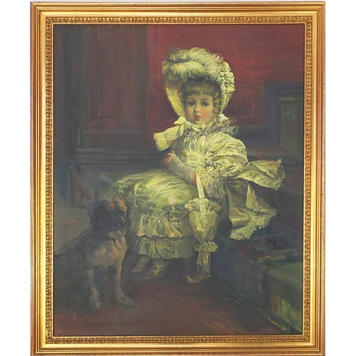 19 - Old Master style oil on canvas, young child with a dog, framed, 96cm x 75cm
