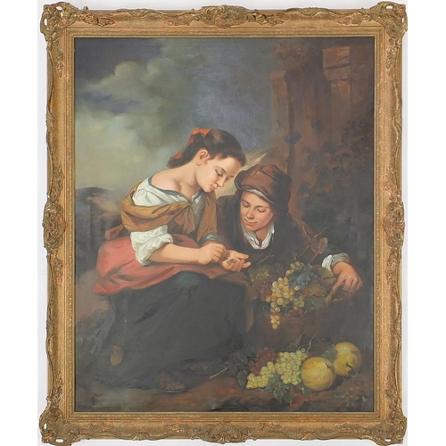 16 - Old Master style oil on canvas, children with fruit counting money, gilt framed, 98cm x 79cm