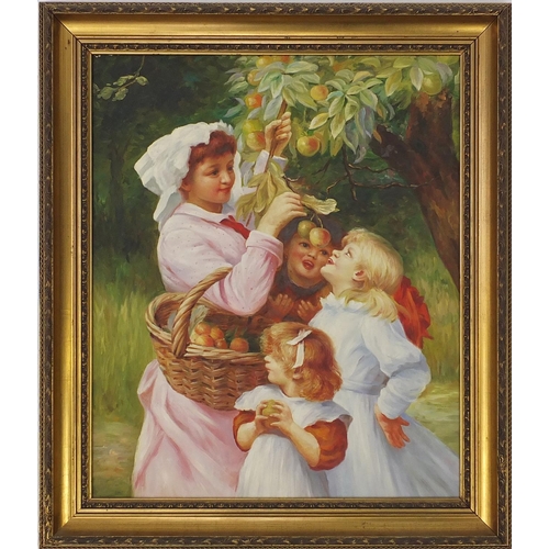 153 - Children picking apples, oil on canvas, gilt framed, 60m x 50cm