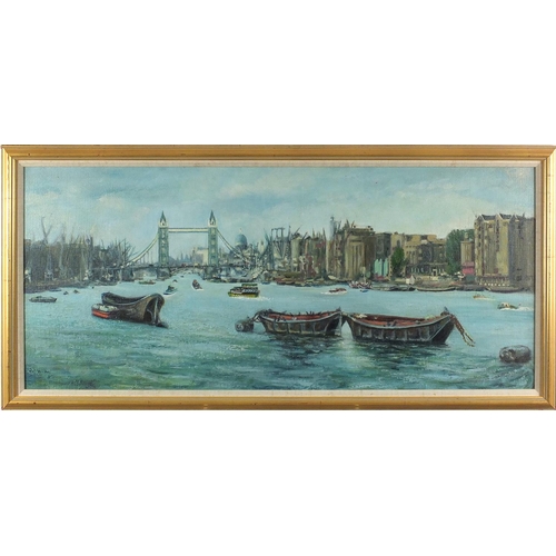 106 - The Thames, Modern British oil on board, bearing a signature Wilke, mounted and framed, 90cm x 40cm