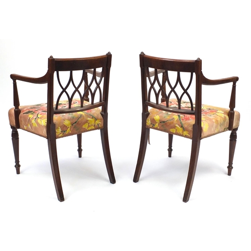 24 - Pair of inlaid mahogany open armchairs, 82cm high
